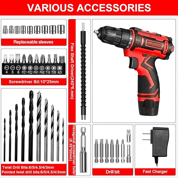 12V Cordless Drill Driver Set, 43pcs Home Tool Kit with 2-Speed & 25+1 Torque, LED Light, Fast Charger, Battery Included for DIY, Wood Metal Plastic, Gift for Men Women
