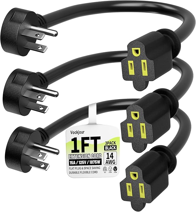 Vockjour 1 FT 3 Pack Black Short Low Profile Flat Plug 14 Gauge Heavy Duty Extension Cord, 14AWG 3-Wire Grounded Appliance Extension Cord, 15A/125V/1875W SJTW ETL Listed Power Cord