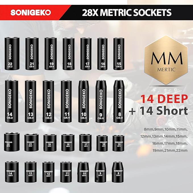 Socket Set 3/8" Drive Impact Socket Set,48-Piece 6 Point Deep,Standard SAE and Metric CR-V Steel Sockets with extension bar (Metric and SAE, 3/8" Socket Set, 48pcs)