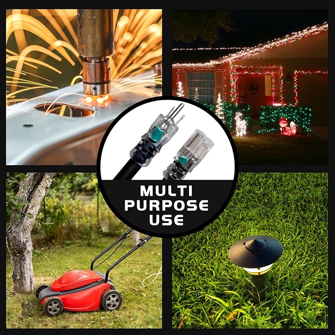 Extension Cord with Lighted End, UL Certified, 12 Gauge 1FT Black 3 Prong Heavy Duty, 12/3 SJTW 15A Power Cord for Lights, Lawn