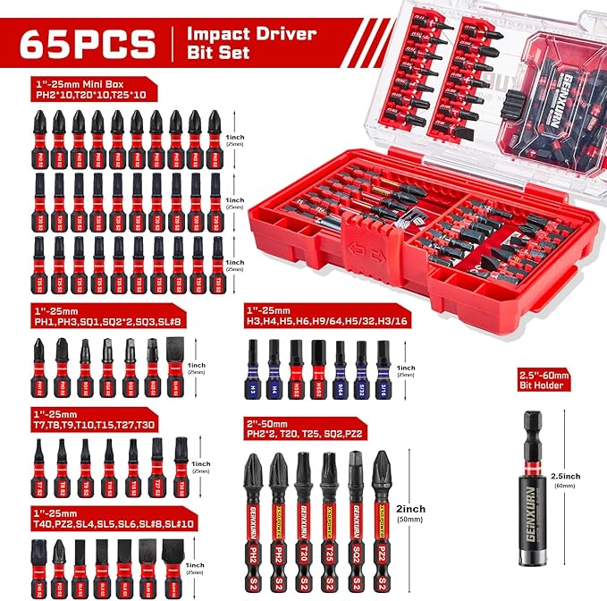 Geinxurn 65Pieces Impact Screwdriver Bits Set, Magnetic S2 Steel Phillips/Slotted/Square/Torx Insert Power Bits Tips, Impact Bit Holder with Red Storage Box Case