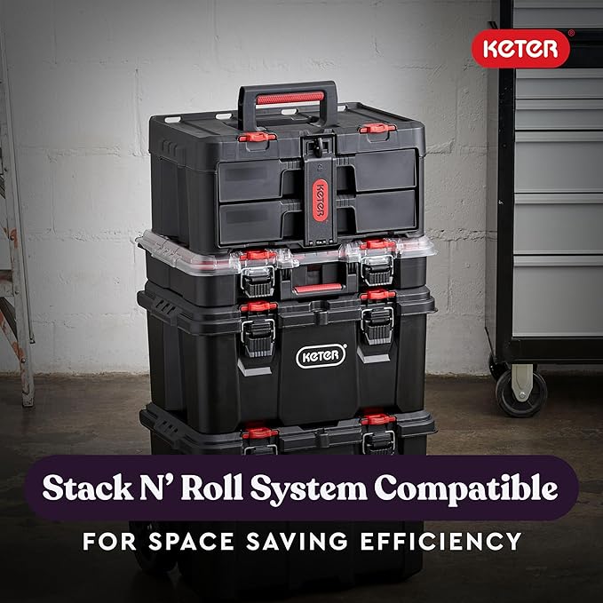 Keter Stack-n-Roll Two Drawer Tool Box for Small Parts and Power Tool Accessories, Fits Keter Modular Tool Storage System