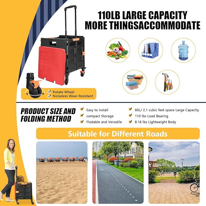 SELORSS Foldable Utility Cart Rolling Crate Handcart 110lbs Large Capacity Shopping Cart with 360°Rotate Noiseless Wheels & Telescoping Handle for Transports Groceries Office School Use（Red）