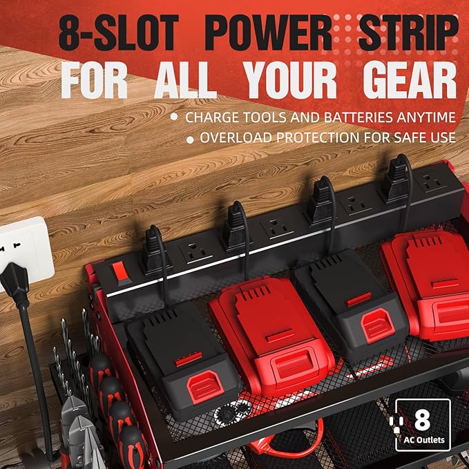 Power Tool Organizer with Charging Station, Heavy Duty Modular Wall Mount Rack for Garage & Shed Organization, 4 Drill Holders, Fathers Day Anniversary Birthday Gifts for Men Dad Him Husband(Red)
