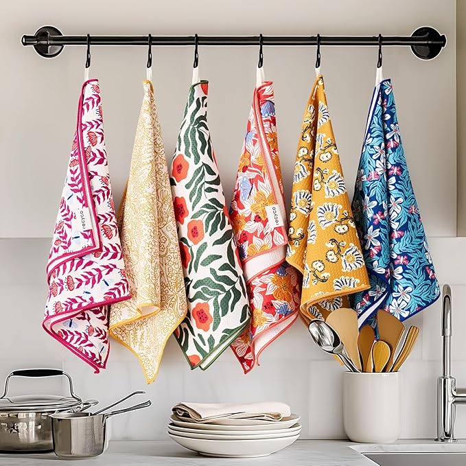 RECYCO Waffle Kitchen Towel Set of 2 - Quick Dry Microfiber Sustainable Dish Towels - Ultra Absorbent Reusable Cleaning Tea Towels - Lightweight Hand Towels,16”x 28”, Poppy Waves