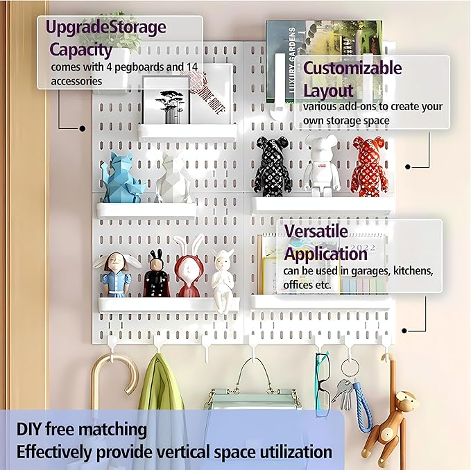 Pegboard Combination Kit, Modular White Pegboard Wall Organizer with 4 Pegboards & Accessories Hanging for Gaming Office Wall Storage Organizer, Crafts Displays