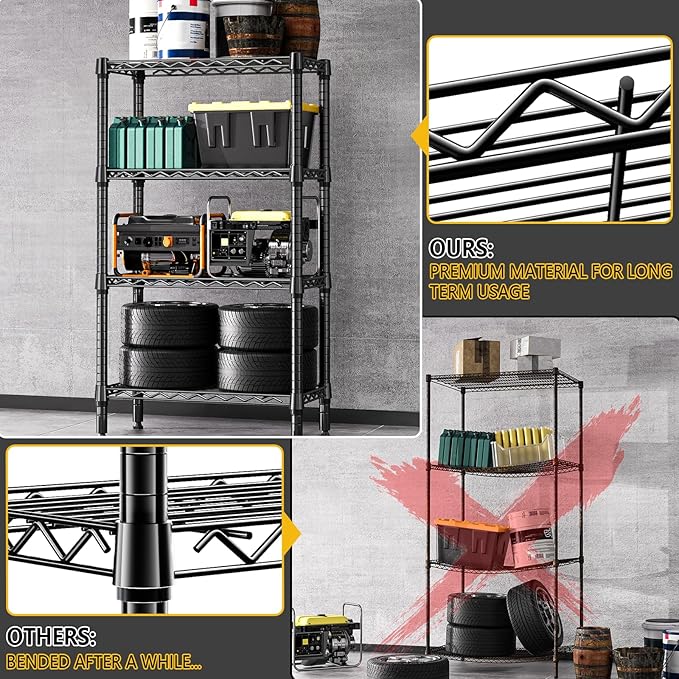M MZG 1000 lbs 4 Tier Shelf Metal Storage Shelves Wire Rack Closet Organizers for Garage Kitchen Bathroom Laundry Black 11.8" D x 25.6" W x 45.5" H