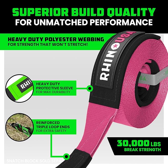 Rhino USA Tree Saver Tow Strap (3" x 8') - 31,518lb Break Strength - Emergency Recovery Strap Winch Extension for Truck, UTV, ATV & More - Heavy Duty Straps Compatible with Jeep, Ford, Toyota