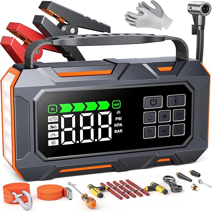 TREKURE 16-in-1 Car Jump Starter with Air Compressor 160PSI, 8000A Jump Starter Jump Box (All Gas 12L Diesel), Jumper Cables Jumper Starter Portable with Car Roadside Emergency Kit, Gloves, Lights