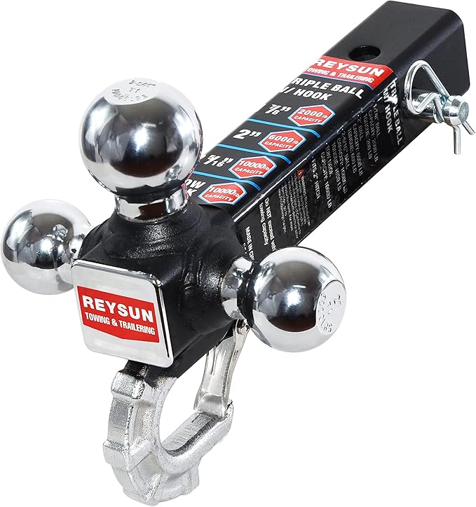 Trailer Hitch Tri-Ball Hitch with Hook, Tactical Tow Ball Hitch, Fits 2-inch Hitch Receiver, Chrome Triple Balls with Hitch Pin and Clip