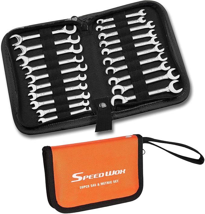 SPEEDWOX Mini Double Open End Wrench Set, 10-Piece Metric & SAE, Super-Thin Angled Heads, Made of Premium Carbon Steel, Includes Storage Pouch