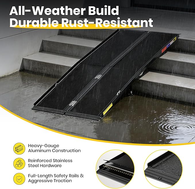 8FT Portable Wheelchair Ramp with Quick-Lock, Black Seamless Non-Slip Aluminum Folding Handicap Ramp,Threshold Ramp for Doorways, Wheel Chair Ramp for Home Steps