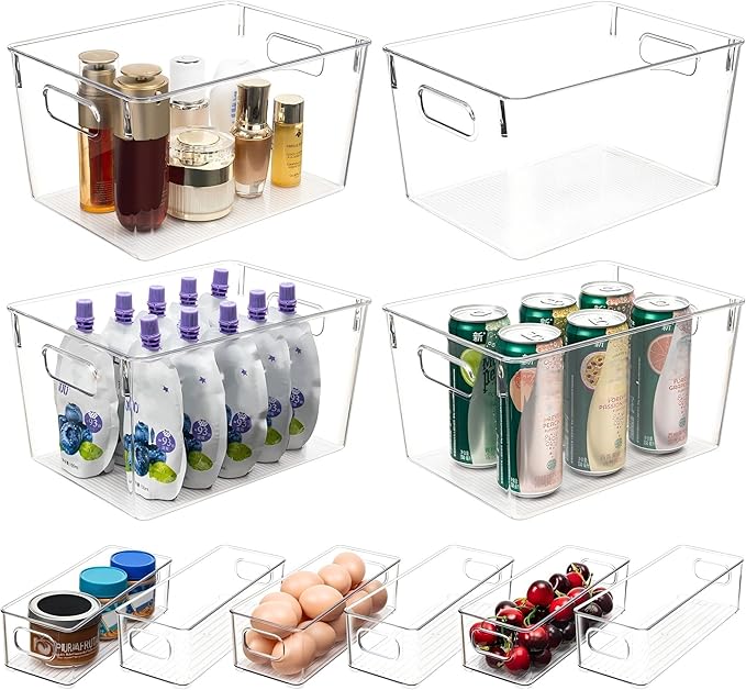 Tiawudi Set of 10 Clear Plastic Storage Bins, 4 Large and 6 Small Stackable Storage Containers for Pantry Organization, Organizer Bins for Home, Kitchen, Bathroom, Office, Cabinet Shelf Organizers