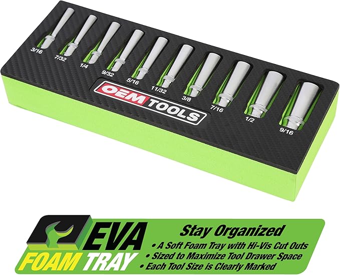 OEMTOOLS 23985 10 Piece 1/4" Drive Deep Socket Set, SAE Sizes 3/16"-9/16", Rust-Resistant 1/4 Drive Socket Set, EVA Storage Tray, Heat-Treated Alloy Steel Sockets