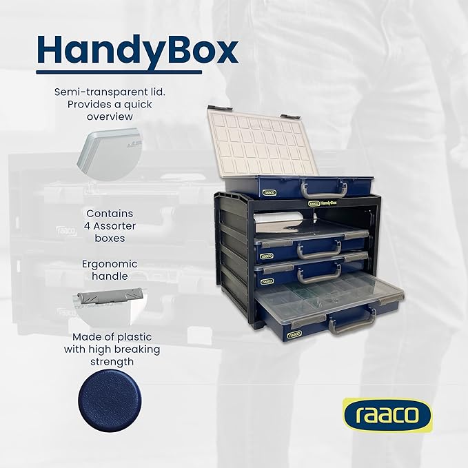 Raaco HandyBox Toolbox Storage & Carrying System – 4 Adjustable Grid Assorters, Durable Polypropylene (PP) Plastic Organizer for Hardware and Small Parts