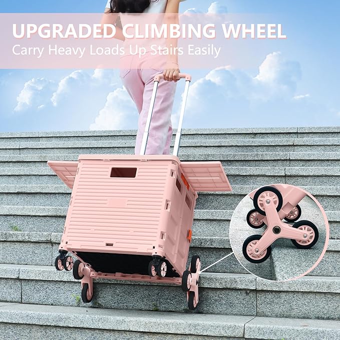 Foldable Utility Cart with Stair Climbing Wheels,Collapsible Rolling Crate with Magnetic Lid Telescopic Cover,Telescoping Handle,360° Rotate Wheel Hand Cart for Teacher Shopping Moving Grocery(Pink)