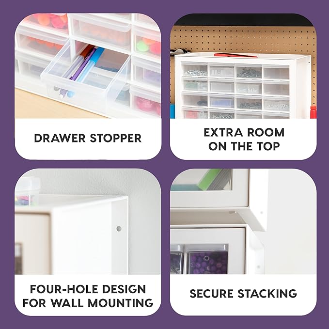 IRIS USA Plastic Storage Drawers, Made in USA, 24-Drawer Small Parts Organizer Cabinet, Stackable Teacher Toolbox for Crafts, Beads, Hardware, Screws, Nuts & Bolts, Scrapbook Supplies – White