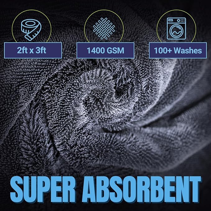 Car Drying Towels Extra Large Super Absorbent - Professional Grade 1400 GSM 24"x36" Microfiber Twisted Loop Design Is The Perfect Choice When You Want A Safe Scratch Free And Streak Free Finish