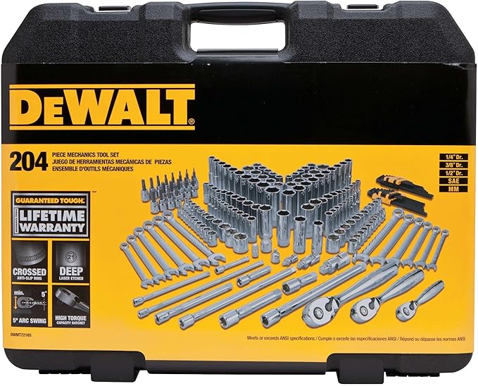 DEWALT Mechanics Tools Kit and Socket Set, 204-Piece Dewalt Tool Set , 1/4" & 3/8" & 1/2" Drive, Metric/ SAE Deep and Shallow Sockets, 3/8" Hex Bits, Torx Bits, Spark Plugs, Wrenches (DWMT72165)