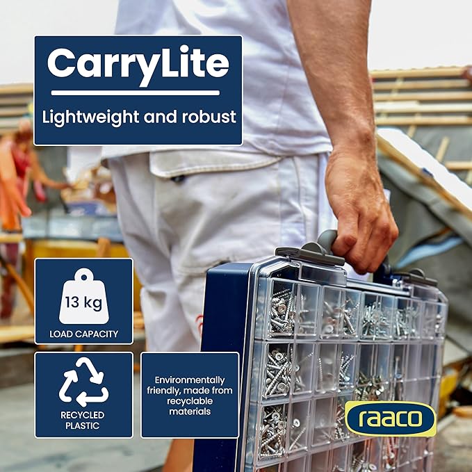 Raaco CarryLite Deep Small Parts Organizer Box – 3.2 Inch Height – 25 Inserts – Anti-Mix U-Profile Lid for Screws, Bolts & Nuts – Secure Sliding Lock – Portable Hardware & Tool Storage (CarryLite 80)