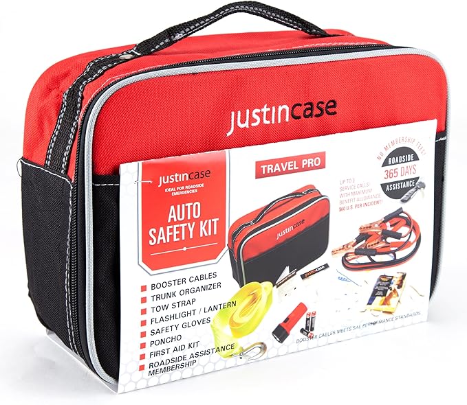 Justin Case Travel Pro Emergency Roadside Kit - Compact Car Safety Set with Jumper Cables, Tow Strap, Flashlight, Gloves, First Aid Kit & 1-Year Free Roadside Assistance