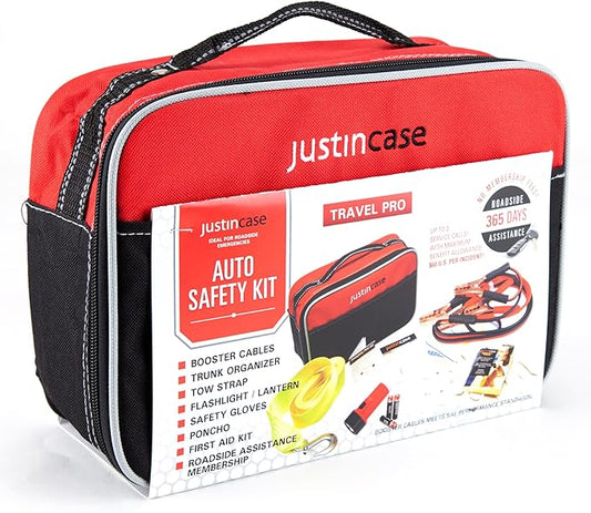 Justin Case Travel Pro Emergency Roadside Kit - Compact Car Safety Set with Jumper Cables, Tow Strap, Flashlight, Gloves, First Aid Kit & 1-Year Free Roadside Assistance