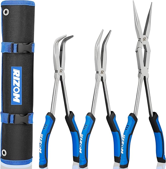 Rizom 3-Piece Long Reach Pliers Set, 13 Inch Double Jointed Long Needle Nose Pliers, 11 Inch 45° & 90° Bent Nose Pliers for Narrow Spaces and Limited Areas