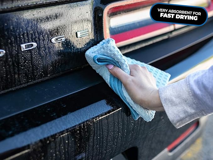 The Rag Company - Dry Me A River - Professional Korean 70/30 Blend Microfiber Waffle-Weave Drying & Detailing Towels, Soft Suede Edges, 390gsm, 16in x 16in, Light Blue (5-Pack)