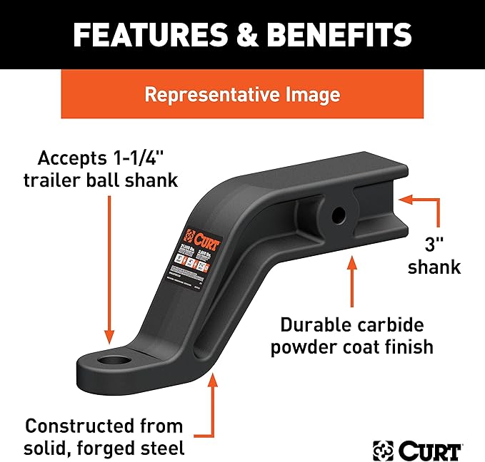 CURT 45430 Industrial Duty Forged Ball Mount with 1-1/4" Trailer Ball Hole, 2" Rise & 4" Drop fits Trailer Hitches with 3" x 3" Receiver Tube Opening | Corrosion, Scratch & UV Damage Resistant