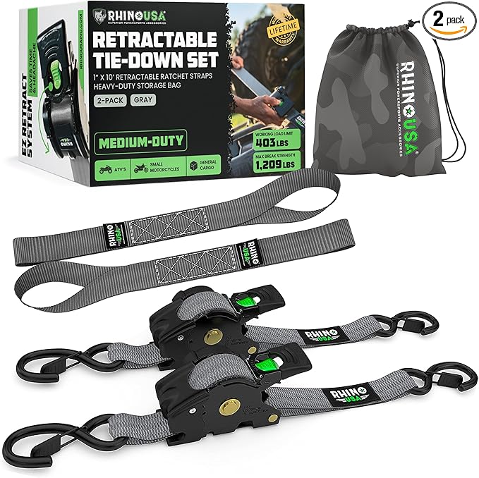Rhino USA Retractable Ratchet Straps (2-Pack) - 1 Inch x 10 Feet (1,209lb Break Strength) - Auto Self Retracting Tie Down Straps for Truck, Cargo Trailer, Motorcycle, ATV, UTV - Gray