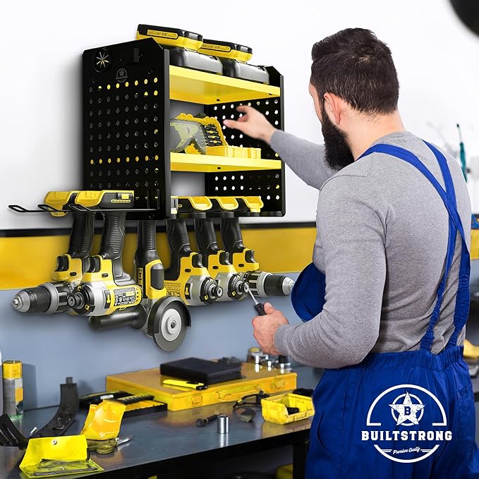 BUILTSTRONG Power Tool Organizer - 6 Drill Holder Wall Mount, 3 Tier Heavy-Duty Hand Storage Rack, Utility Racks, 2 Pegboard Sides - Garage Cordless Organizer (Yellow)