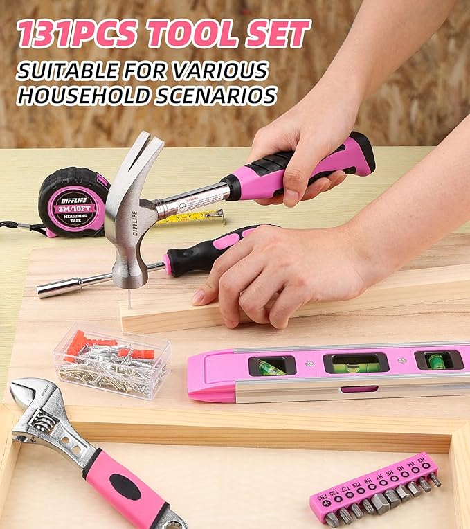 Pink Tool Set -131 Piece Pink Tool sets for WomenGeneral Household Hand Tool Kit with Plastic Tool Box Storage Case(Pink)