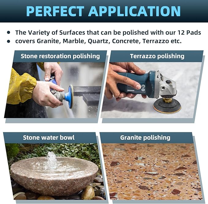 14 Pack 4 Inch Diamond Polishing Pads Kit with 2PCS 5/8’’-11 Backer Pad 12PCS Wet/Dry Polish Pad Set for Drill Grinder Polisher 50-8000 Grit Pads for Granite Marble Stone Concrete Countertop Quartz
