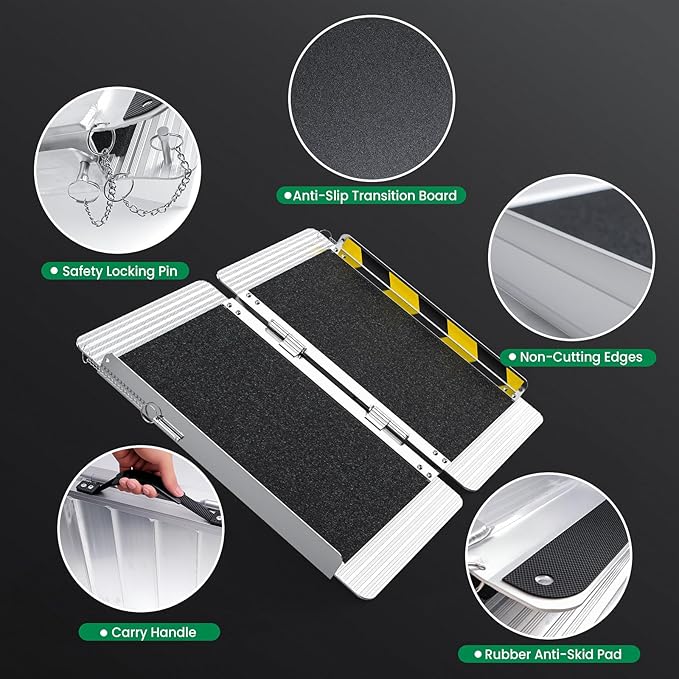 2 Feet Portable Wheelchair Ramp, 600 LBS Capacity Folding Aluminum Threshold Ramp with Anti-Slip Surface, Mobility Access Handicap Ramp for Home Steps, Doorway, Stairs, Doorways, Scooter