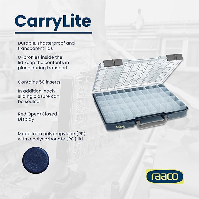 Raaco CarryLite Slim Small Parts Organizer Box – 2.3 Inch Height – 50 Inserts – Anti-Mix U-Profile Lid for Screws, Bolts & Nuts – Secure Sliding Lock – Portable Hardware & Tool Storage (CarryLite 55)
