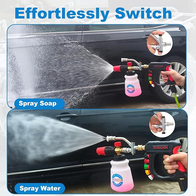 DUSICHIN Pressure Washer Short Gun Foam Cannon 1/4" Quick Connector,Car Wash Foam Gun Kit Dual Connector Accessory,Double Tip Attachment For Soap Cannon with 5 Nozzle Tips DUS2501