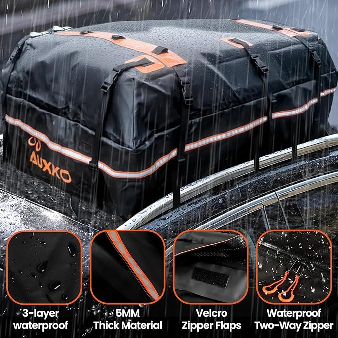 AUXKO 22 Cubic Ft Waterproof Rooftop Cargo Carrier Bag for All Vehicles with/Without Roof Rack, Soft Shell Car Roof Bag with Reflective Strip Includes Anti-Slip Mat, 6 Door Hooks & Combination Lock