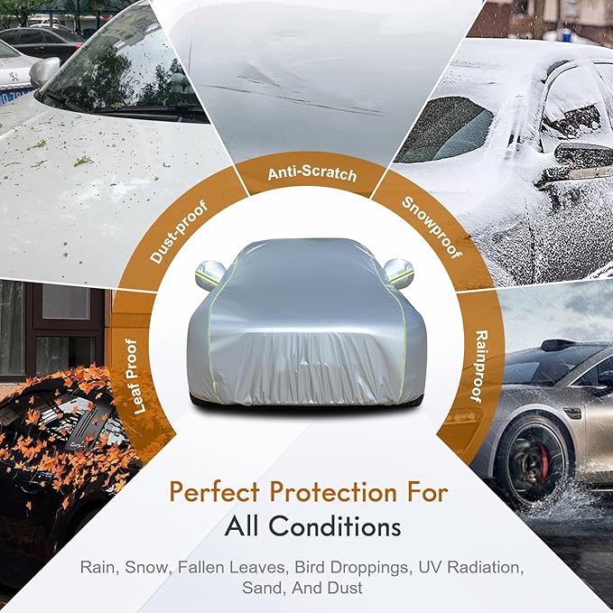 Tecoom Car Cover for Automobiles Waterproof, Windproof Sun Rain Snow Protection Fit for Tesla Model 3 Toyota Corolla 2000-2023 Honda Civic 1991-2023, Kia Stinger/Forte, Full Covers Sedan 170-190"