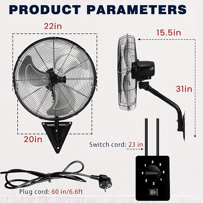 TMWINGS 20 Inch Wall Mount Fan, 2 Pack Heavy Duty Oscillating Wall-Mounted Fan with 6600 CFM, High Velocity 3 Speed Fans with Adjustable Tilting for Workshop, Garage, Patios, Industrial, Black