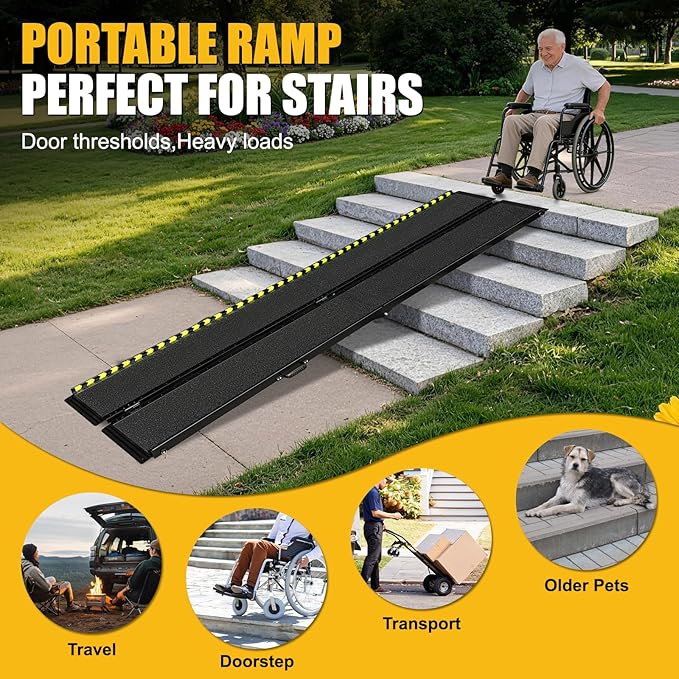 10 FT Portable Wheelchair Ramp - Non-Slip Aluminum Folding Handicap Ramp for Easy Door Threshold Access - Lightweight & Durable for Home Steps, Stairs, Doorways, Matte Black