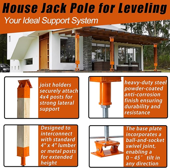 Screw Jack Post Kit (10"-14") with 0-45° Swivel & 4x4 Joist Holder, 66000 LBS Heavy Duty Shore Jack for Beam Repair, Adjustable House Jack Post, Floor Joist Support and Crawlspace Shoring