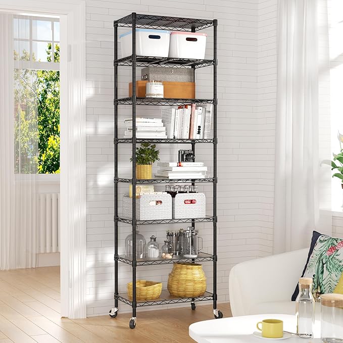SINGAYE 8 Tier Shelf Organizer Storage Metal Shelves Garage Wire Shelving Unit Pantry Rack Adjustable Standing Storage for Kitchen Closet Laundry Bathroom Pantry 12" D x 22" W x 74" H Black