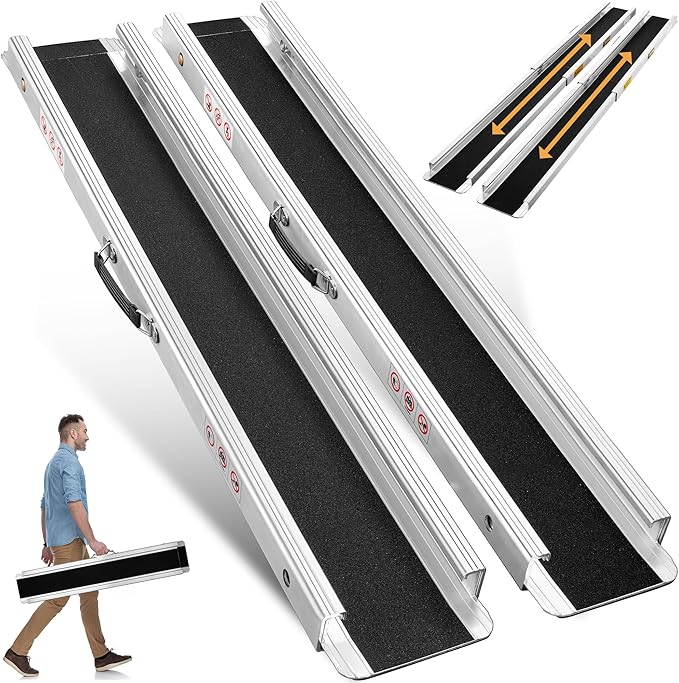 7FT Portable Wheelchair Ramp, Adjustable Aluminum ramps for wheelchairs for Home, 1200LB Capacity, 2X Thickened Sidewall, Wheelchair Ramp for Home, Stairs, Steps (2 Pack)