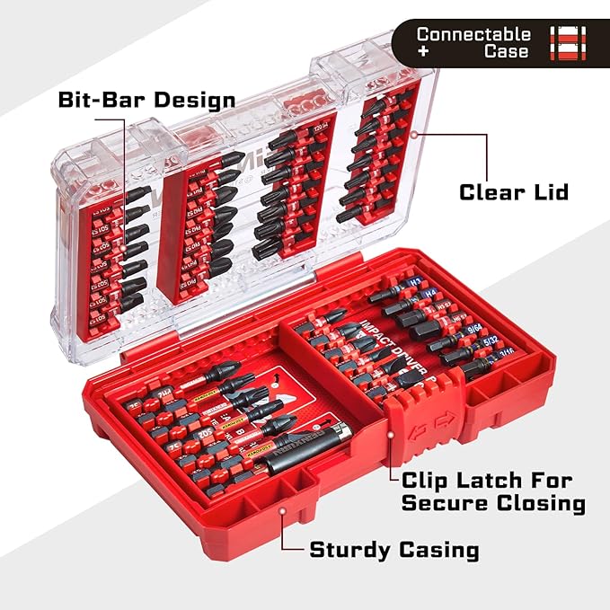 Geinxurn 49Pieces Impact Screwdriver Bits Set, Magnetic S2 Steel Phillips/Slotted/Square/Torx Insert Power Bits Tips, Impact Bit Holder with Red Storage Box Case