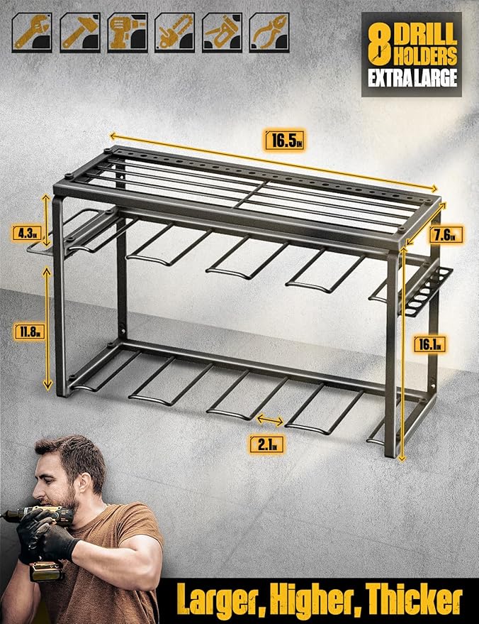 Spampur Power Tool Organizer, 8 Drill Holders Wall Mount, 3 Layer Heavy Duty Metal Storage for Garage Organization, Tools Storage with Hooks, Screwdriver Hammer Holder, Father's Day Mens Birthday Gift