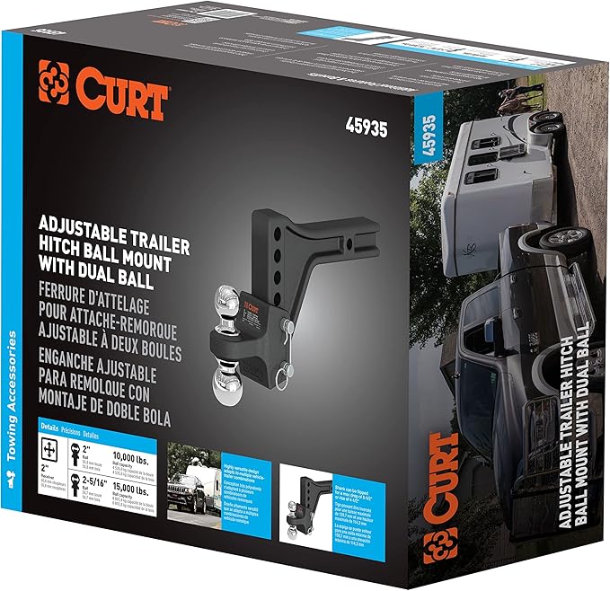 CURT 45935 Adjustable Trailer Hitch Ball Mount with Dual Ball, 2" Shank, Up to 15,000 lbs