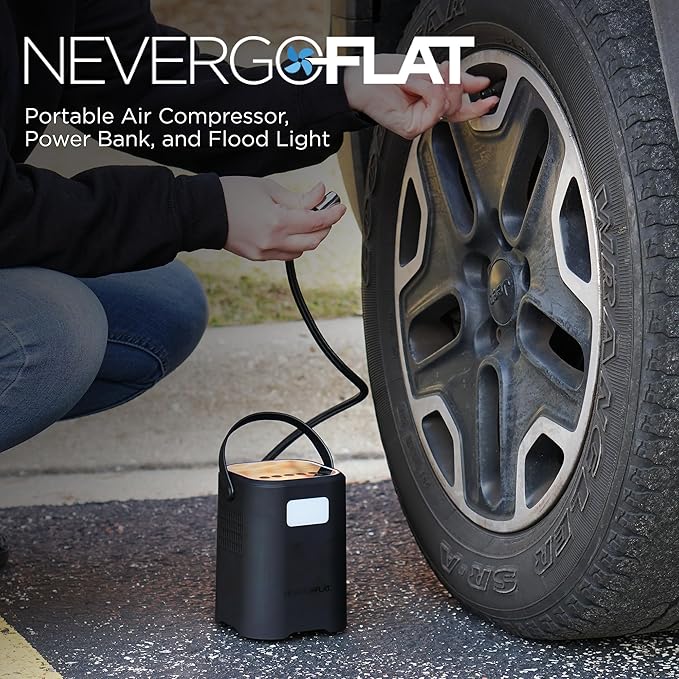 NeverGoFlat 150 PSI Air Compressor and All-in-One Emergency Tool with Emergency Lighting and 4,000mAh Power Bank