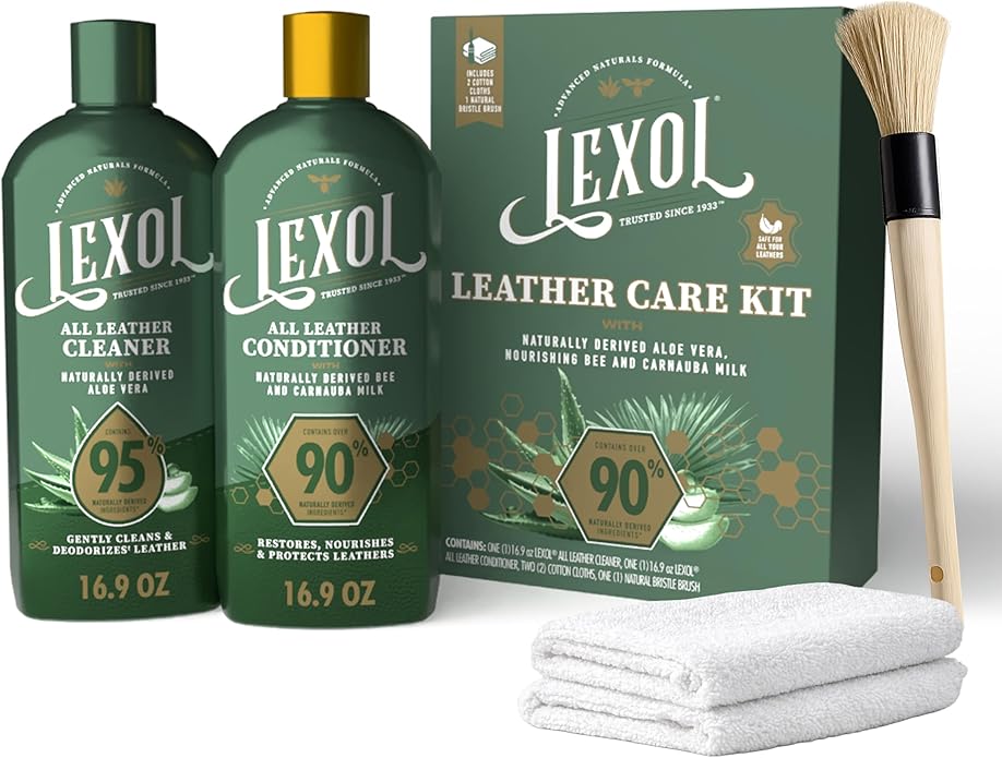 Lexol Advanced Naturals Leather Care Kit with All Leather Cleaner, Conditioner, 2 Cotton Cloths and Natural Bristle Brush, Great for Car Interiors, Furniture, Bags, Boots, Baseball Gloves, 5 Piece Kit