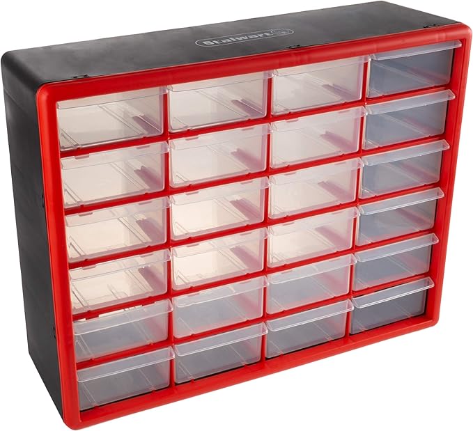 24 Plastic Drawers Organizer - Compartment Storage - Desktop and Wall Mount Container for Hardware, Parts, Crafts, Beads, and Tools by Stalwart (Red)