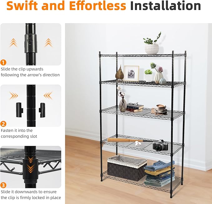 Elevon 5-Tier Storage Shelves, Adjustable Metal Wire Shelving Unit with Leveling Feet Heavy Duty Pantry Shelves Organizer Rack for Kitchen Garage Laundry Office Warehouse, 35"L x13.4"W x64.3"H, Black